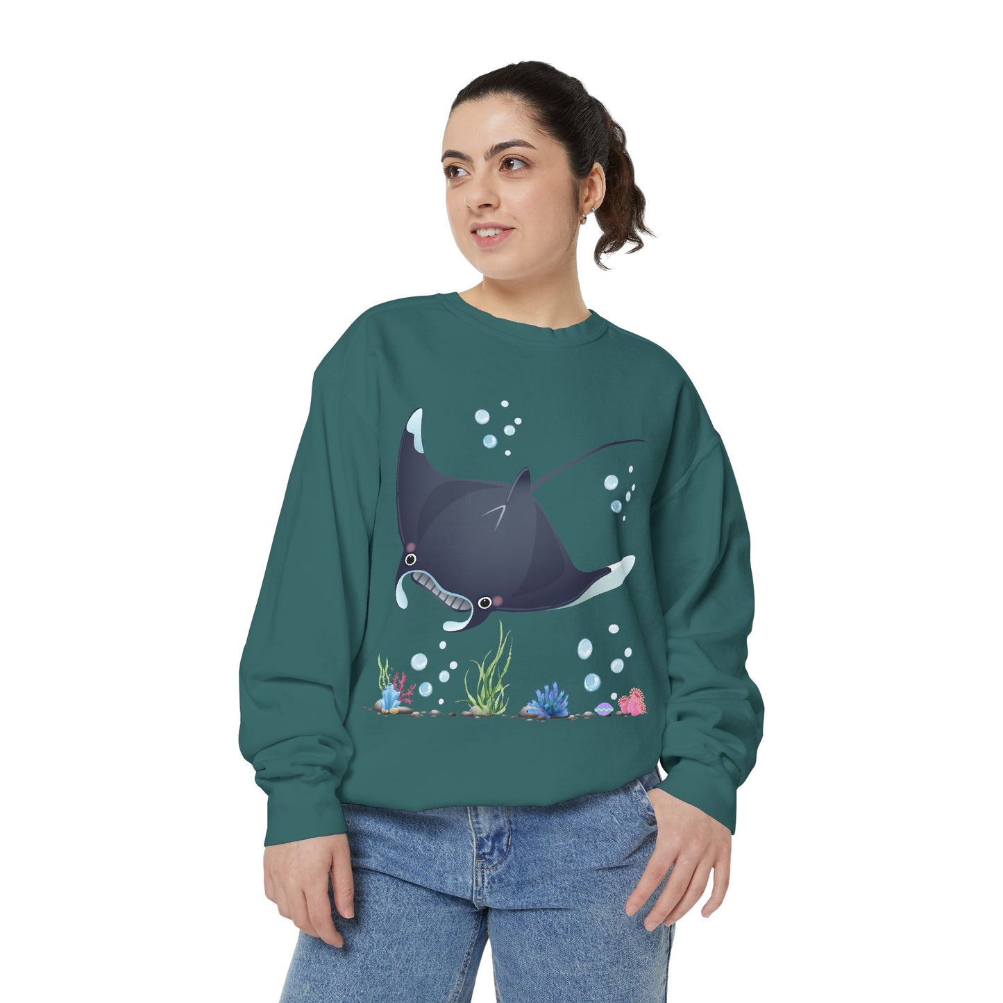 Manta ray with bubbles and coral reef Unisex Garment-Dyed Sweatshirt