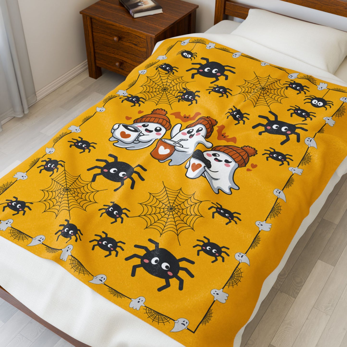 Cozy Halloween Velveteen Plush Blanket for Spooky Nights, Ghosts and Spiders Design, Perfect for Fall Decor, Gift, and Movie Nights