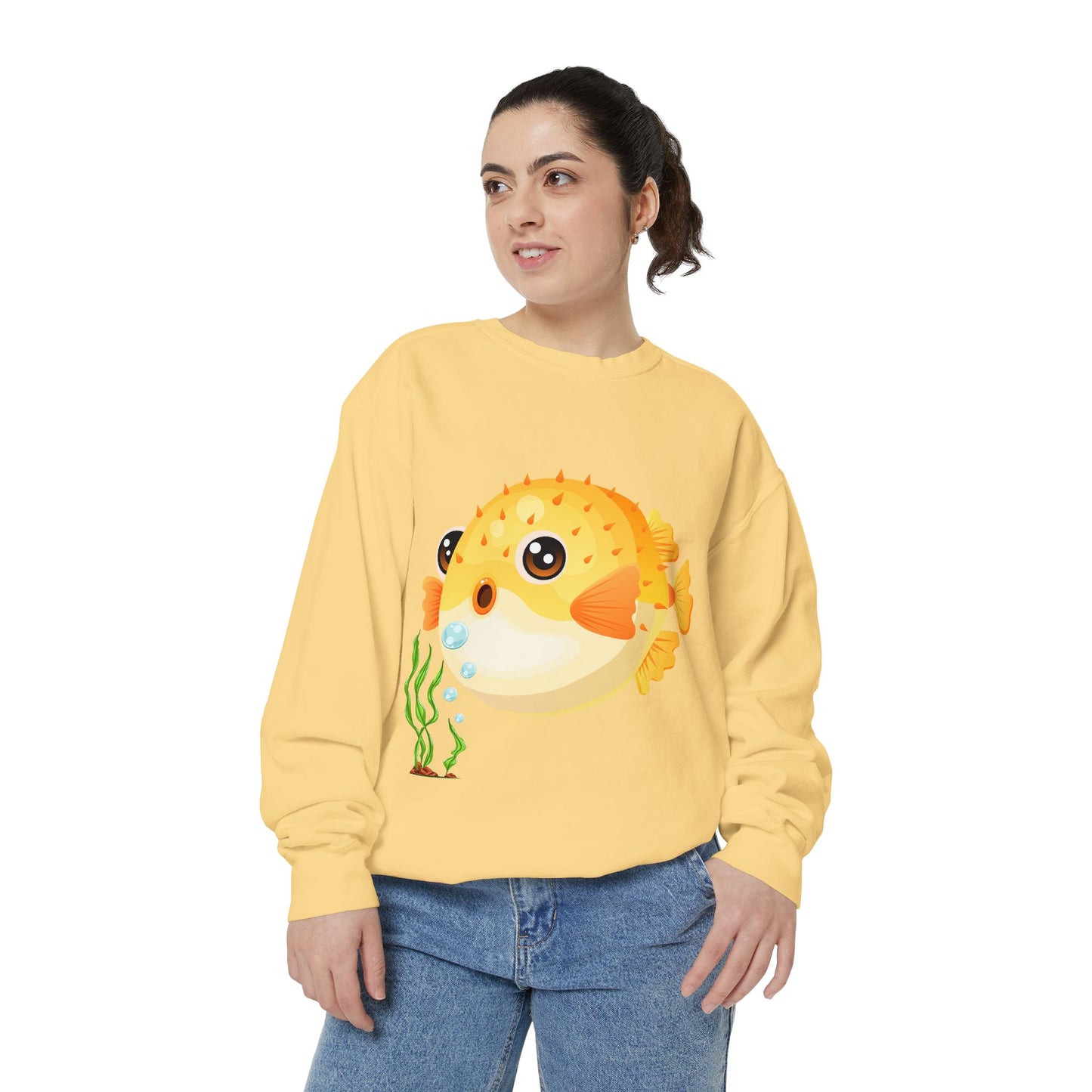 Cartoon Pufferfish with seaweed Unisex Garment-Dyed Sweatshirt