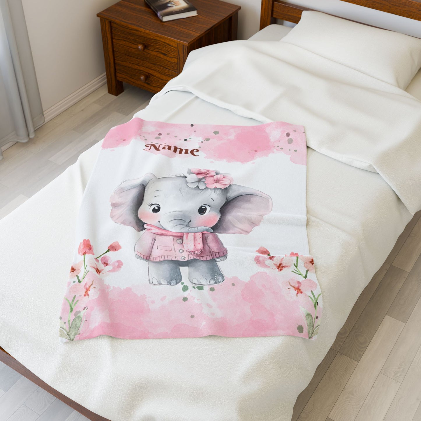 Personalized Baby Elephant Velveteen Plush Blanket, Custom Nursery Blanket, Baby Shower Gift, Cozy Snuggle Blanket, Childrens Home Decor