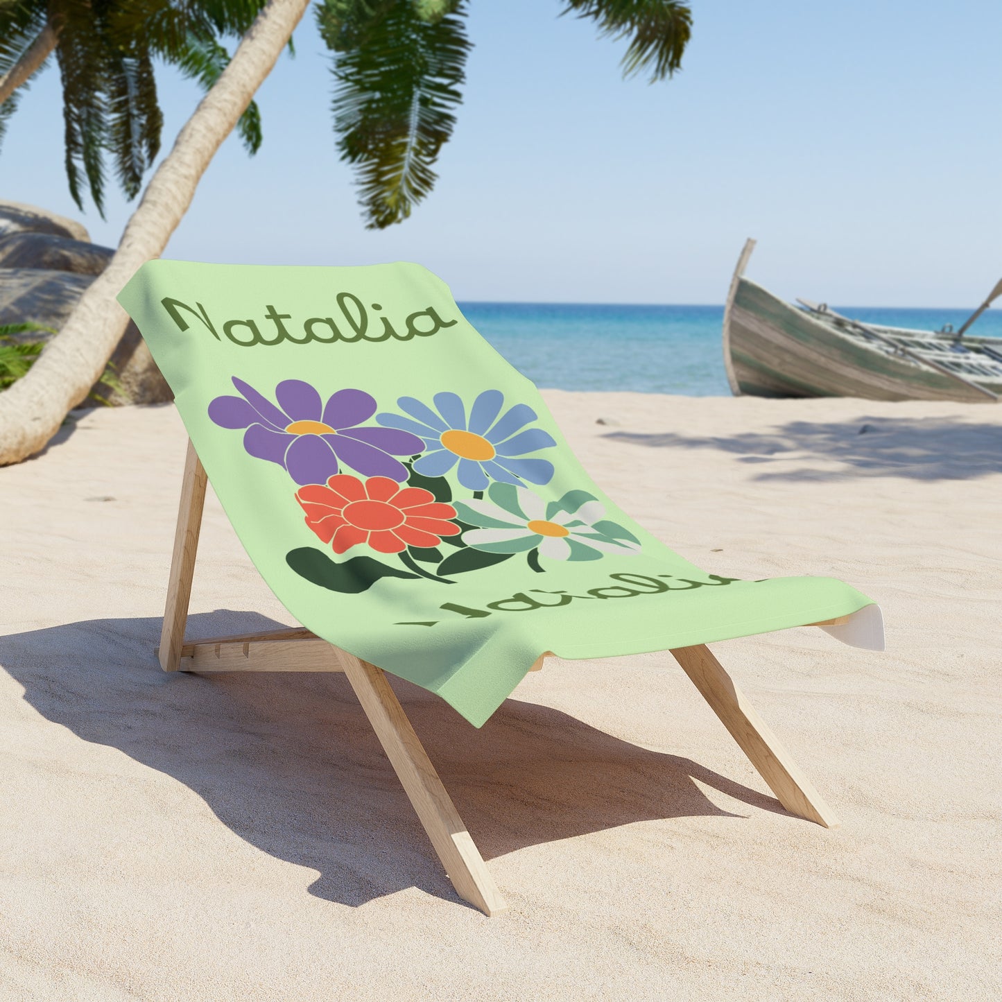 Personalized Floral Beach Towel – Custom Name Natalia, Pastel Green Summer Towel
