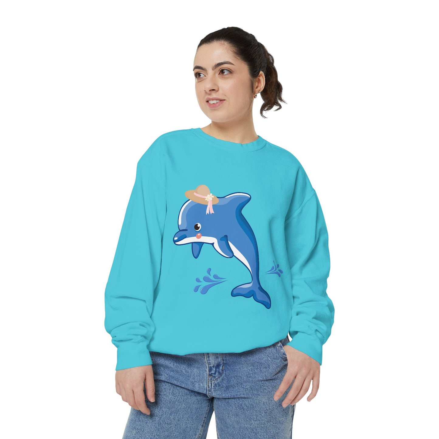 Dolphin wearing a straw hat with stylized water splashes Unisex Garment-Dyed Sweatshirt