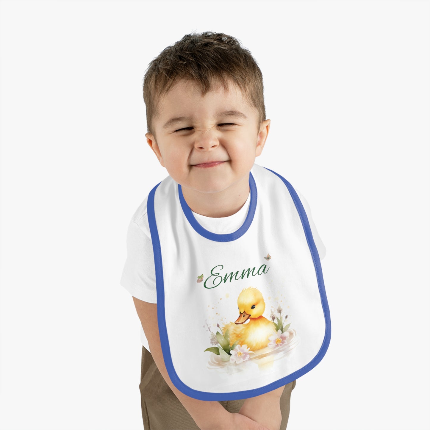 Personalized Duckling Baby Bib — Custom Name Infant Contrast Trim Feeding Bib
