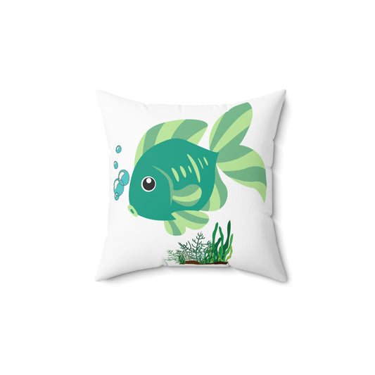 Green fish with bubbles and aquatic plants Spun Polyester Square Pillow