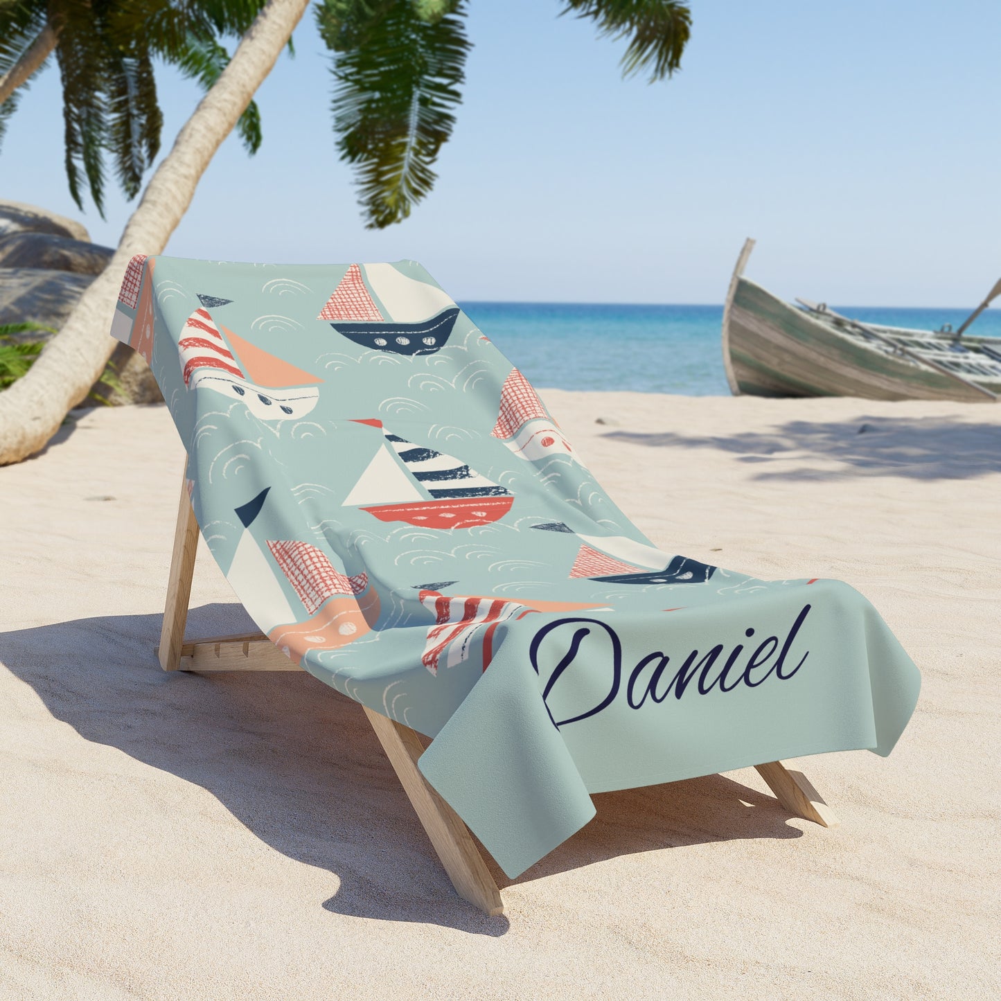 Personalized Nautical Sailboat Beach Towel — Custom Name
