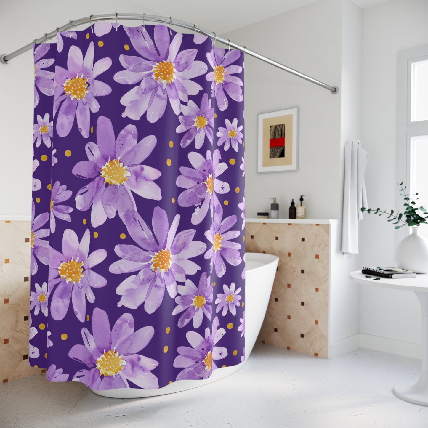 Purple Daisy Floral Shower Curtain — Vibrant Lavender Flowers on Deep Plum Background