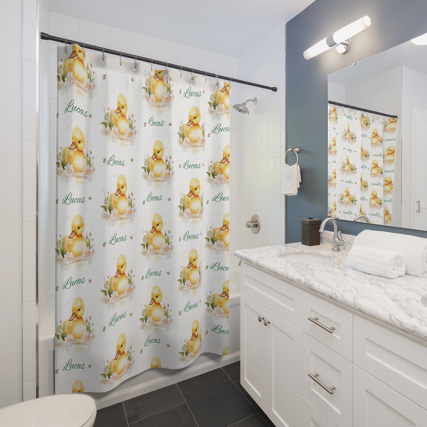 Duckling Name Shower Curtain — Personalized 'Lucas' Baby Floral Bath Decor