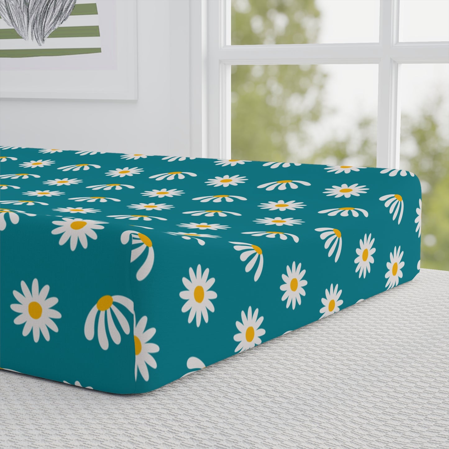 Daisy Baby Changing Pad Cover — Teal Floral Nursery Decor