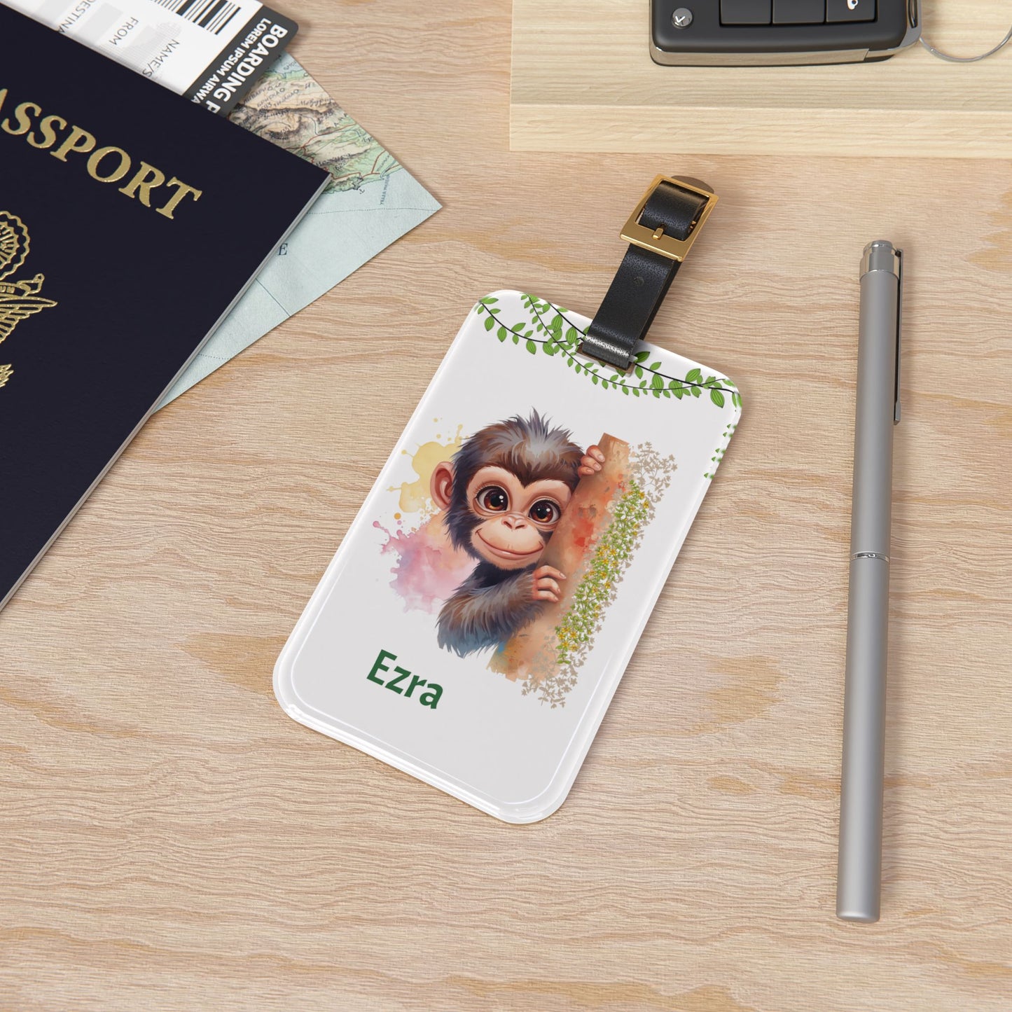 Personalized Monkey Luggage Tag – Cute Baby Chimp Name Travel ID (Ezra)