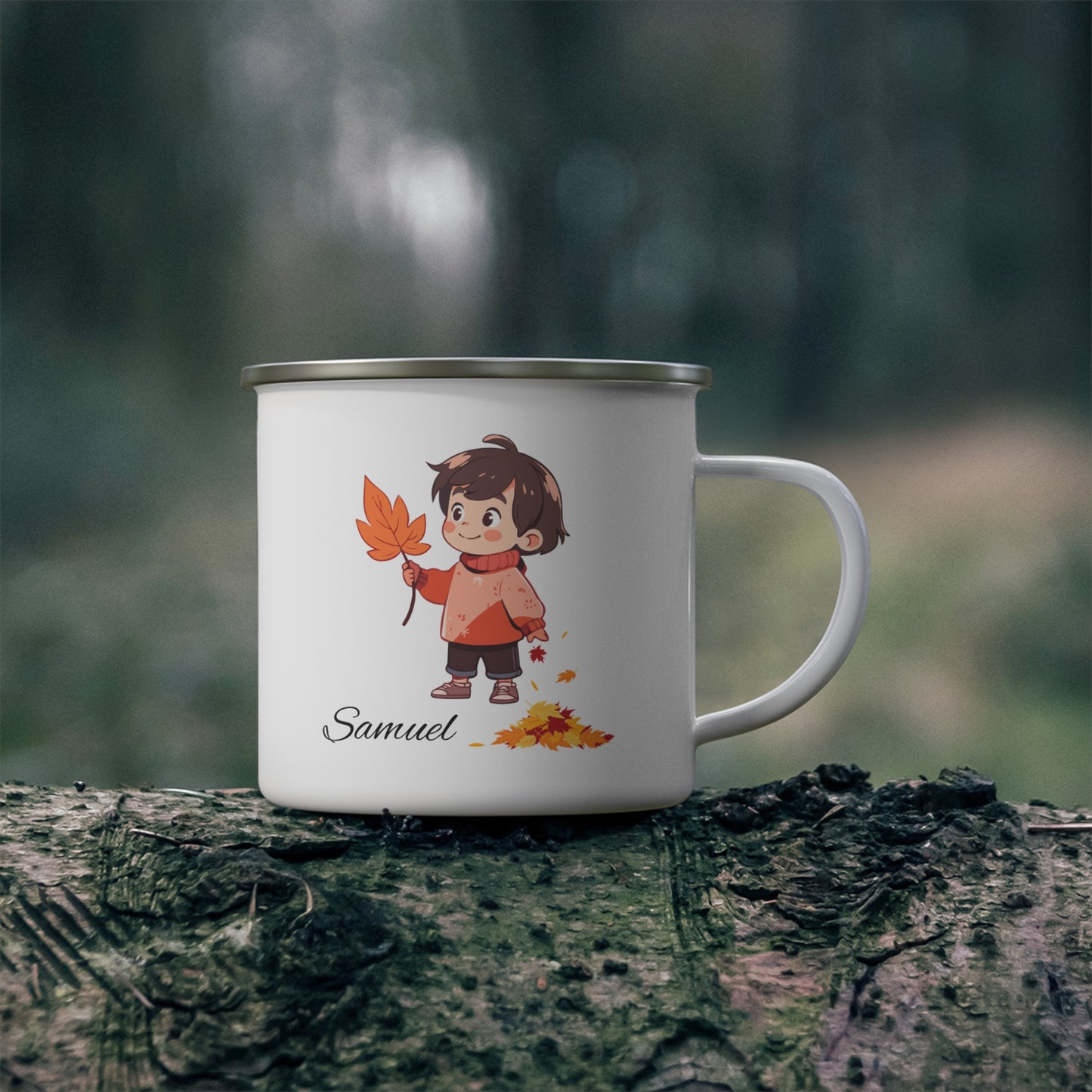 Personalized Fall Enamel Camping Mug with Leaf Design