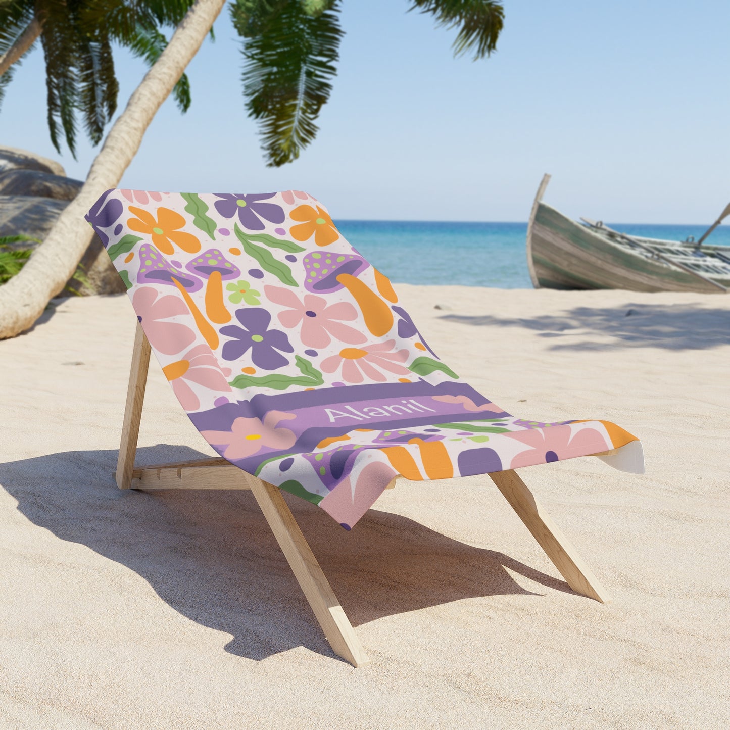 Personalized Floral Beach Towel — Custom Name Tropical Flower Pattern