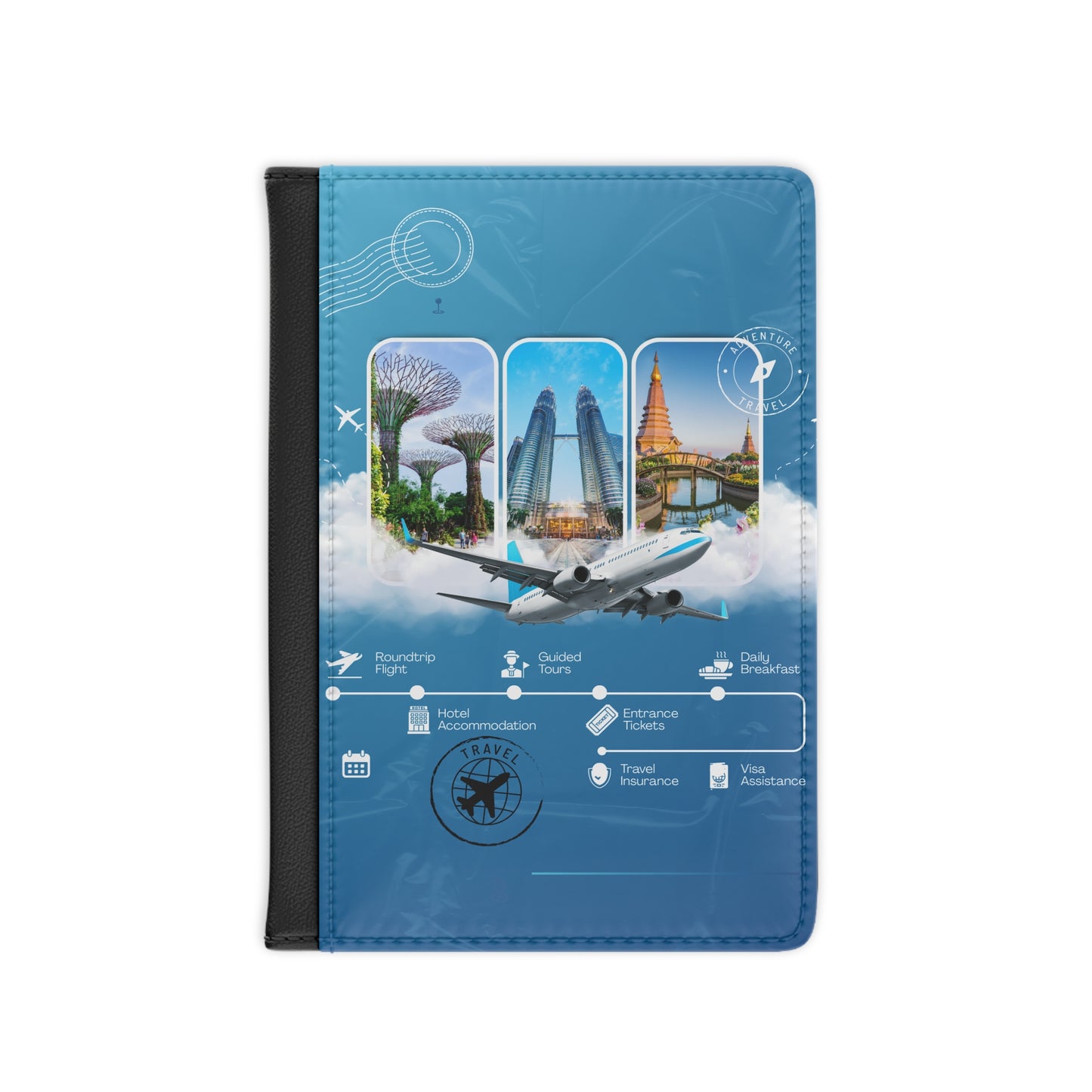 Passport Cover - Blue Travel Collage Passport Holder with Airplane & Icons