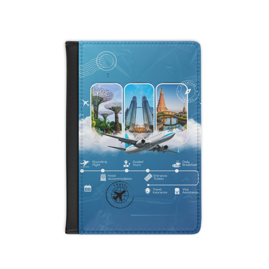 Passport Cover - Blue Travel Collage Passport Holder with Airplane & Icons