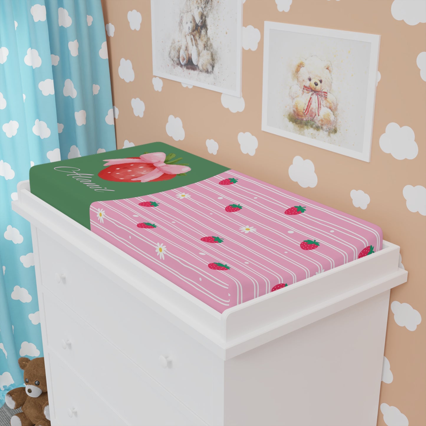 Strawberry Baby Changing Pad Cover - Pink Stripes & Daisy Print