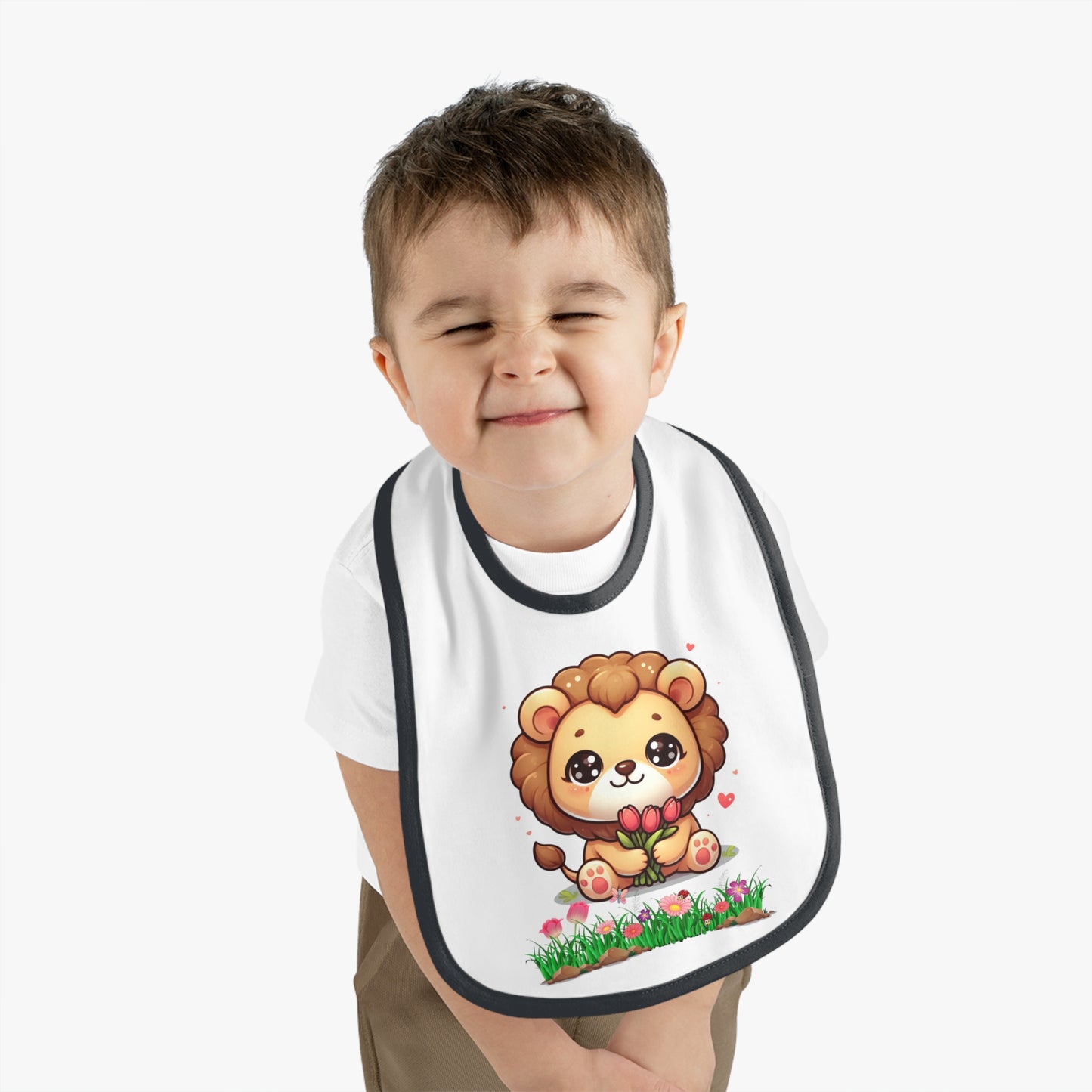 Baby Bib — Cute Lion Holding Flowers, Contrast Trim Infant Feeding Bib