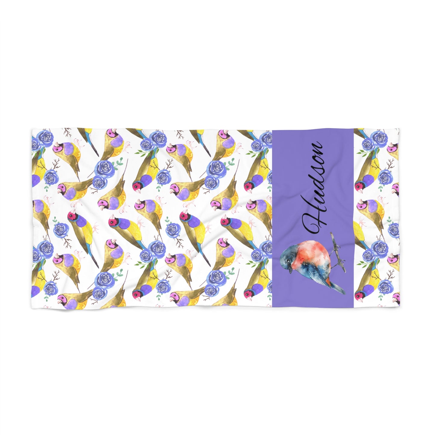 Personalized Tropical Bird Beach Towel – Custom Name Watercolor Finch Pattern