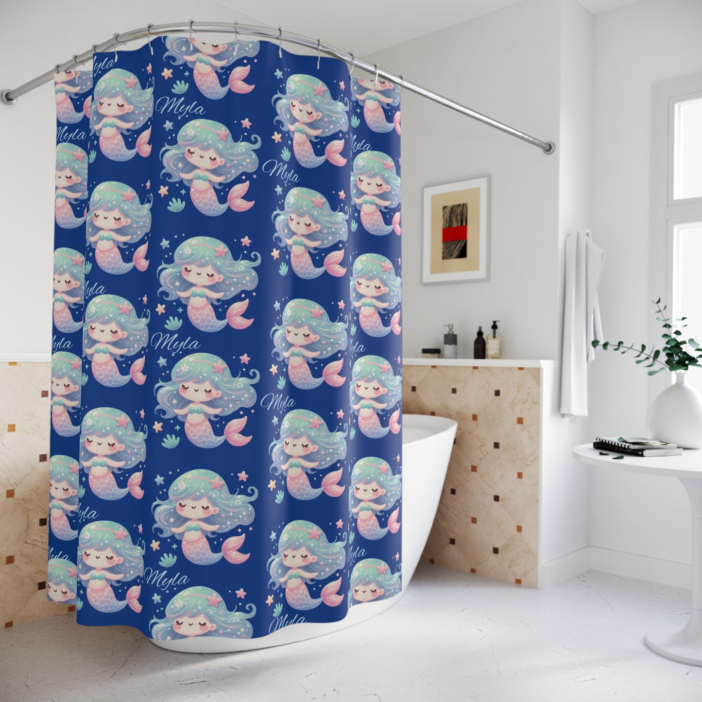 Cute Pastel Mermaid Shower Curtain — Kids Bathroom Nautical Decor