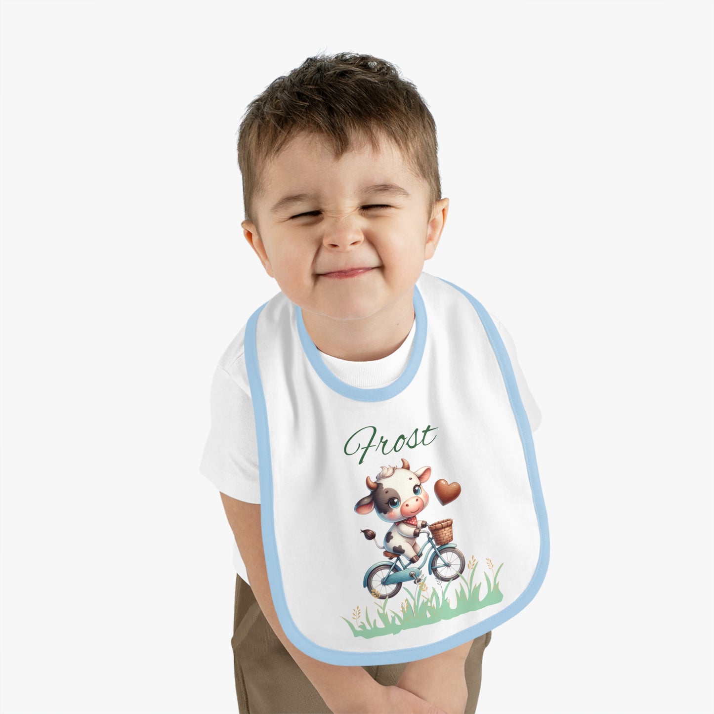 Personalized Baby Bib — Cute Cow on Bike Design with Name 'Frost'