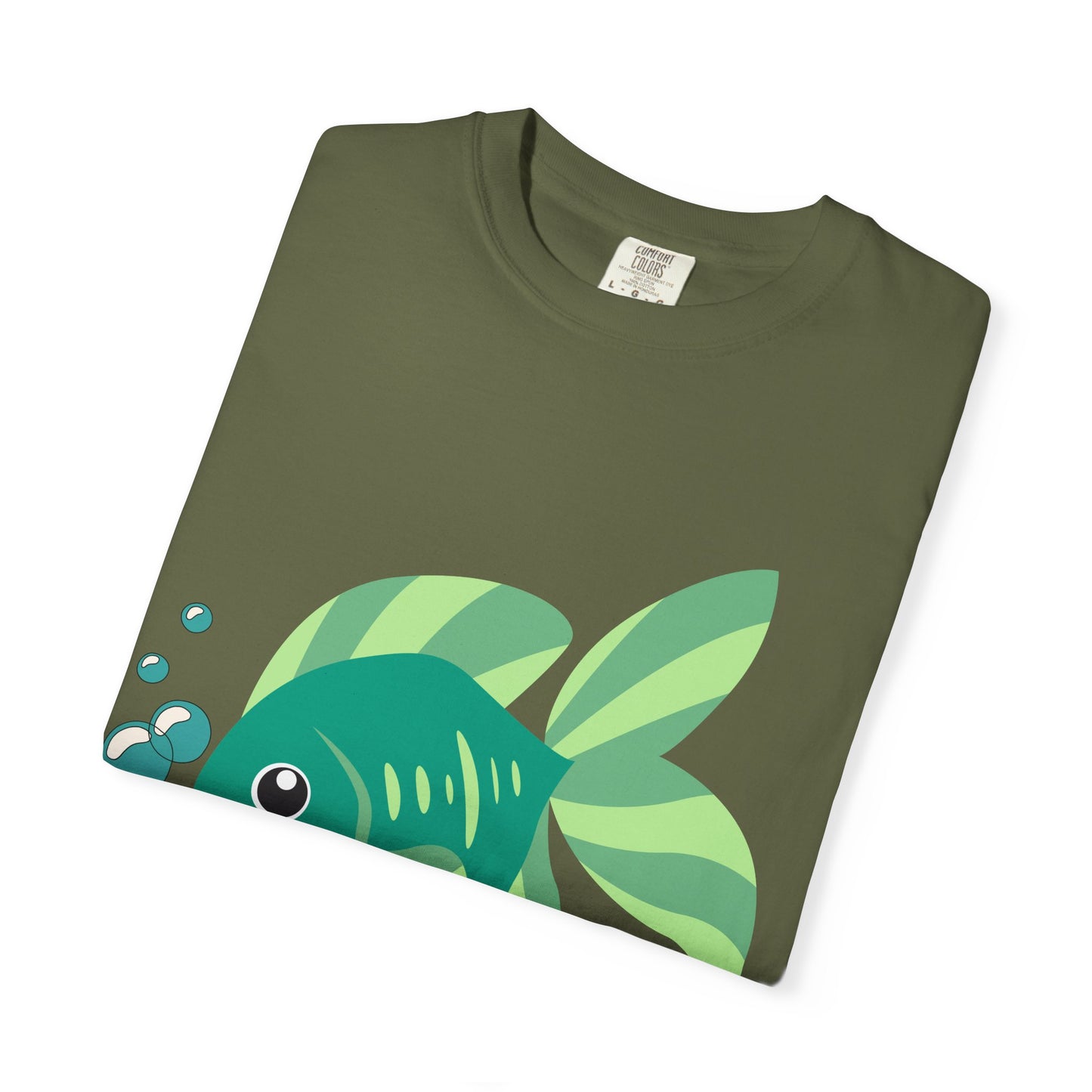 Green fish with bubbles and aquatic plants Unisex Garment-Dyed T-shirt