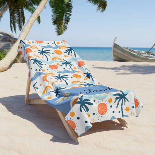 Personalized Tropical Beach Towel — Custom Name Palm Trees & Sun Pattern