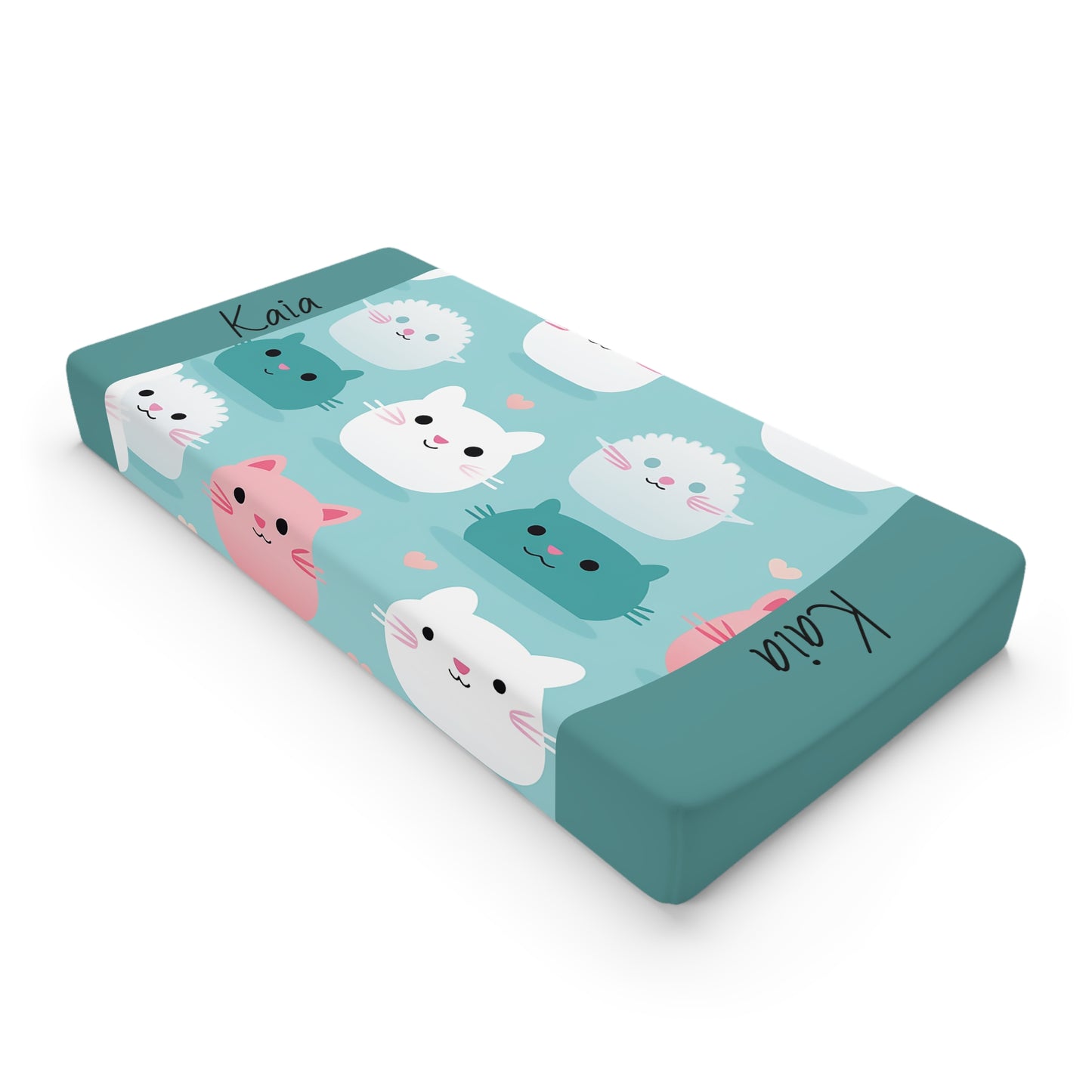 Personalized Cute Kitty Baby Changing Pad Cover — Teal Cat Print, Custom Name Option