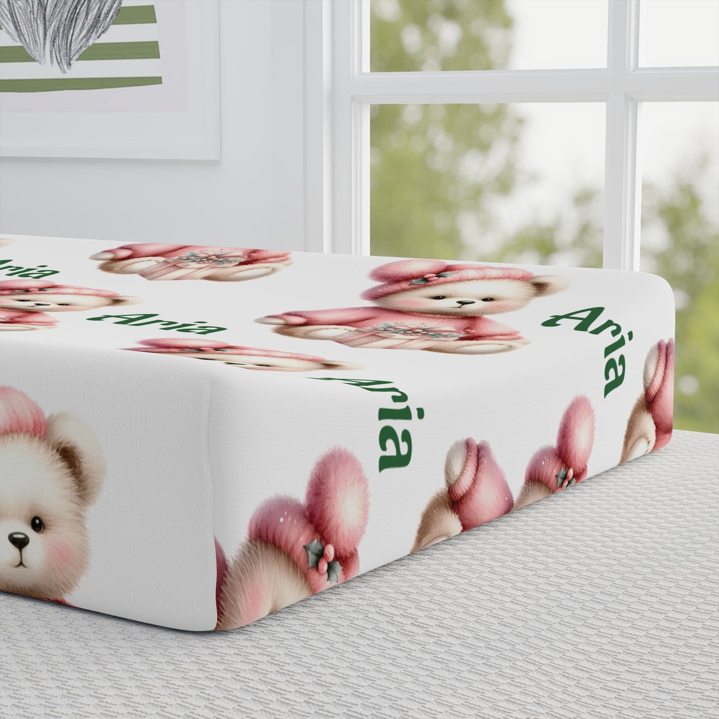 Personalized Baby Changing Pad Cover — Pink Teddy Bear Name 'Aria'