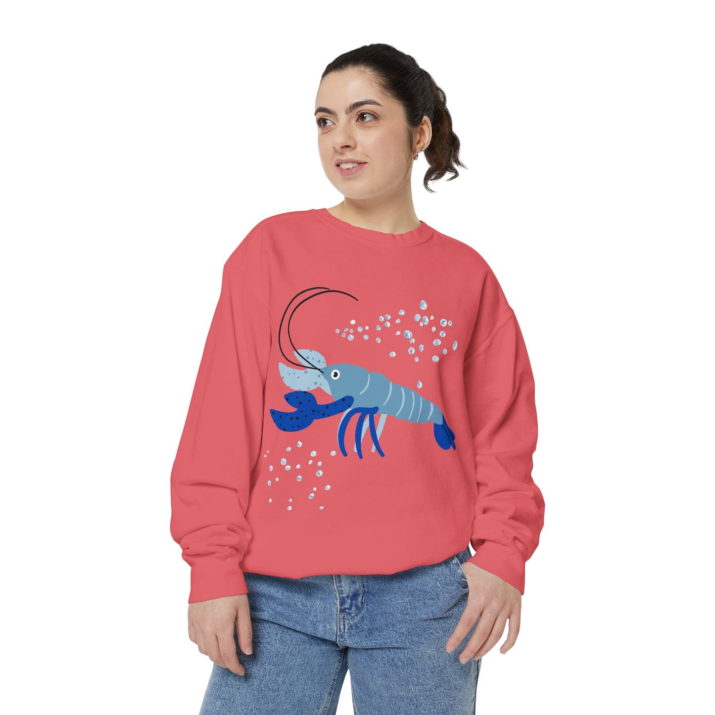 Blue shrimp with dark blue claws and bubbles Unisex Garment-Dyed Sweatshirt