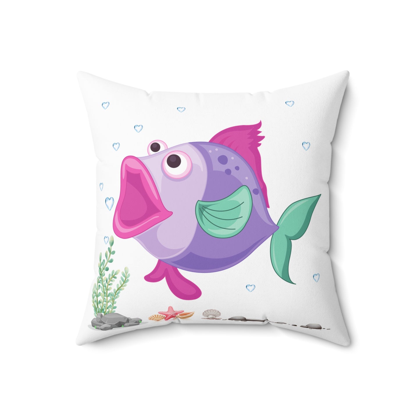Fish with open mouth bubbles and underwater flora Spun Polyester Square Pillow