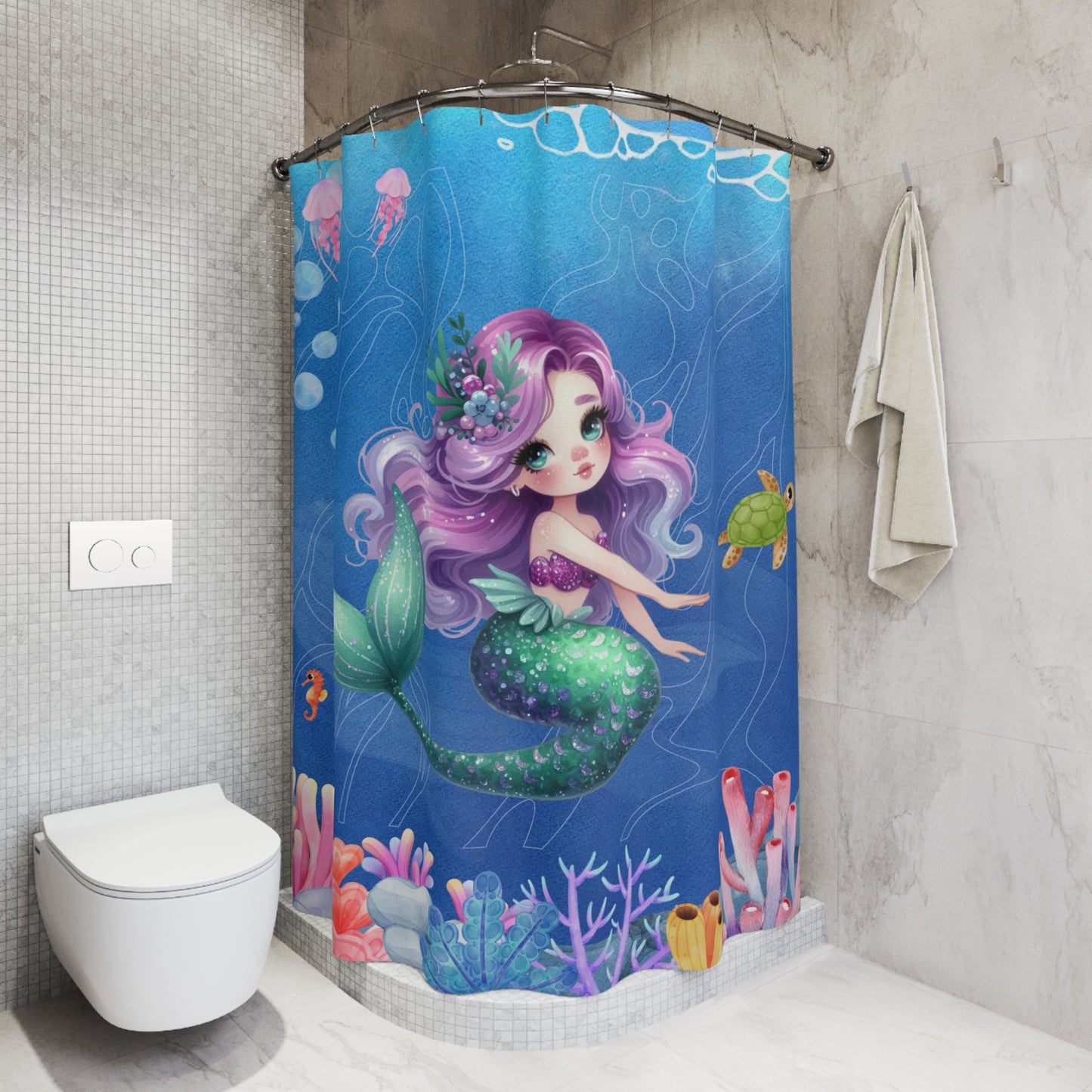 Mermaid Shower Curtain — Cute Purple-Haired Kids Ocean Bath Decor
