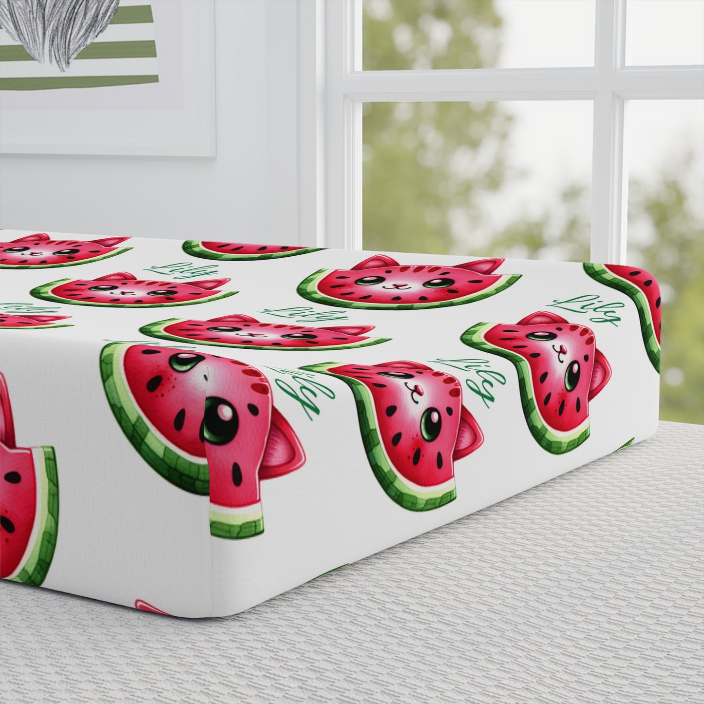 Changing Pad Cover — Cute Watermelon Cat Pattern, Baby Nursery Accessory