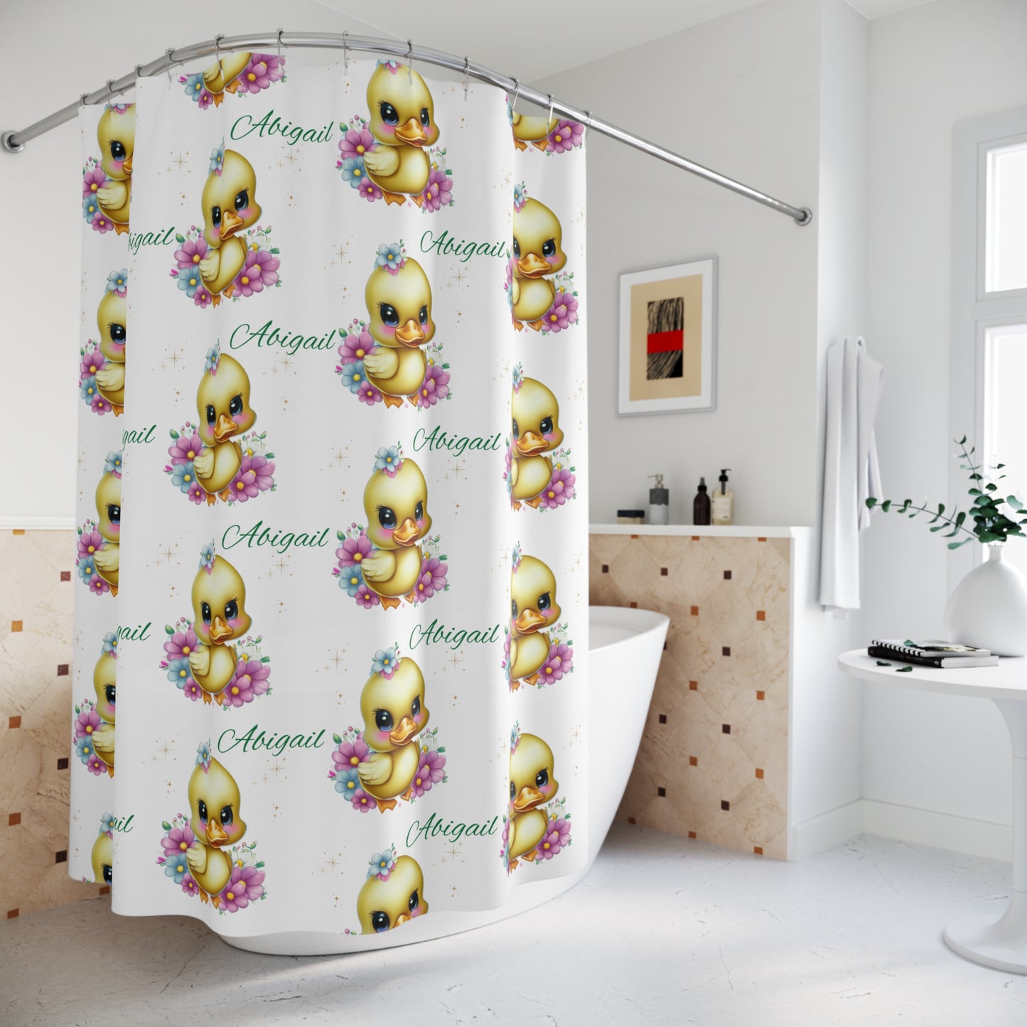 Personalized Baby Duck Shower Curtain — Custom Name ‘Abigail’ Nursery Decor
