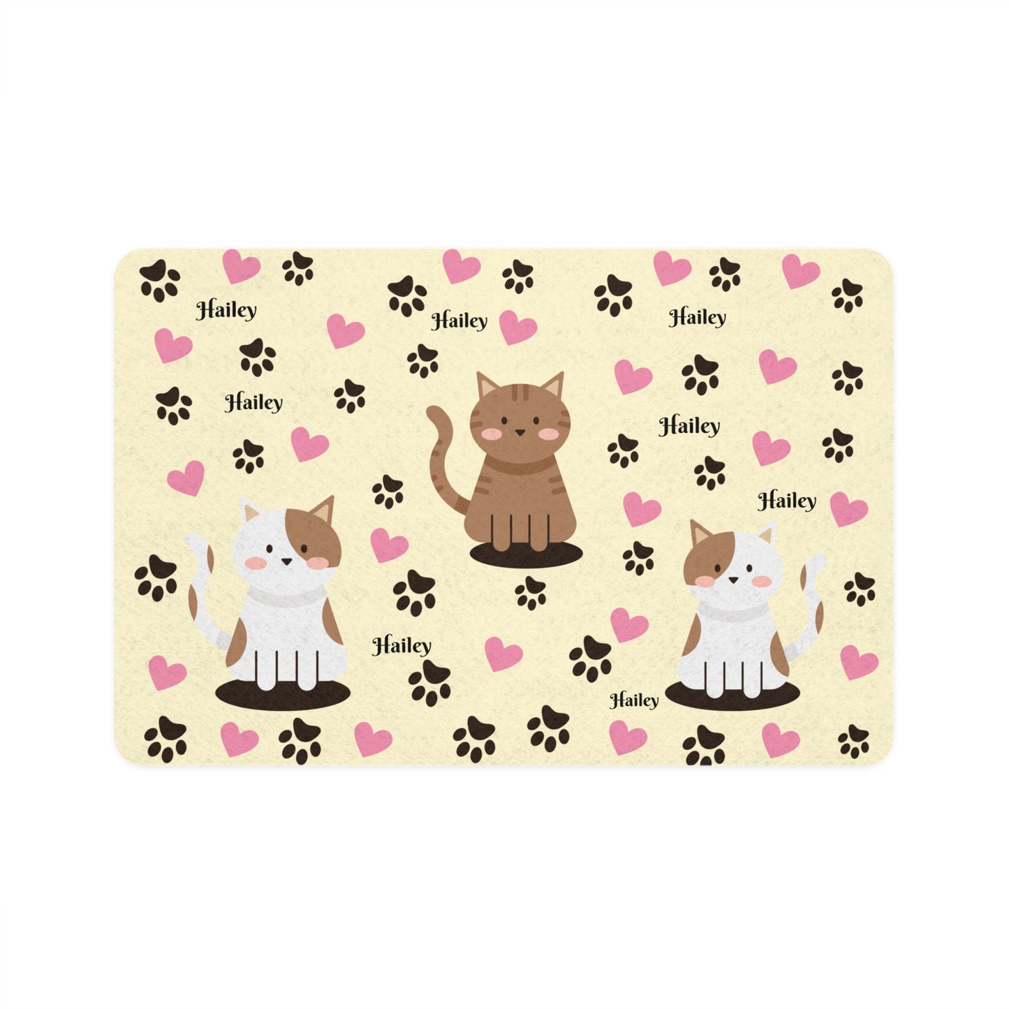 Personalized Cat Paw Pet Food Mat (12x18) — Cute Heart & Name Design