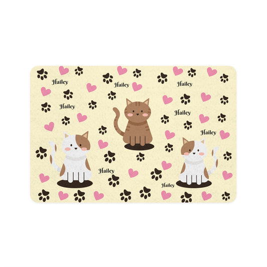 Personalized Cat Paw Pet Food Mat (12x18) — Cute Heart & Name Design