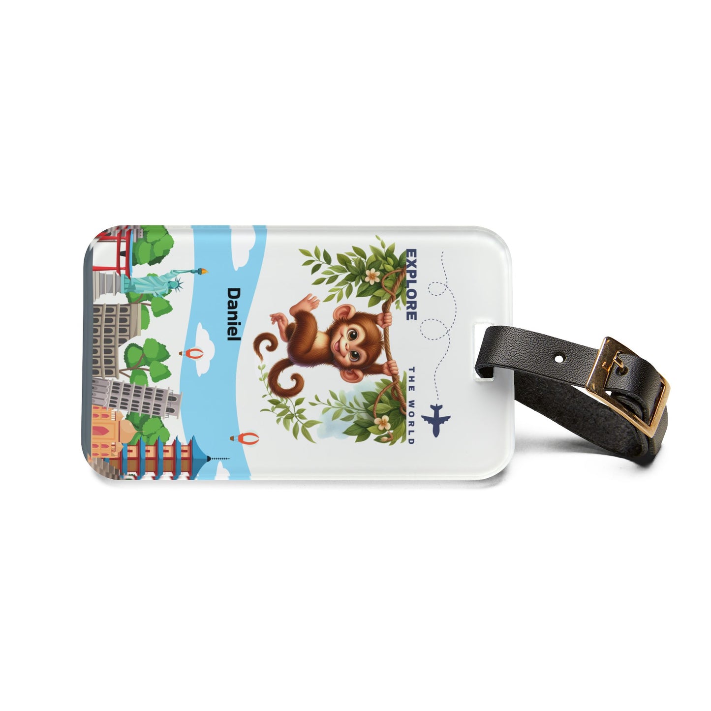 Monkey Travel Luggage Tag — "Explore the World" Personalized Kids Bag ID