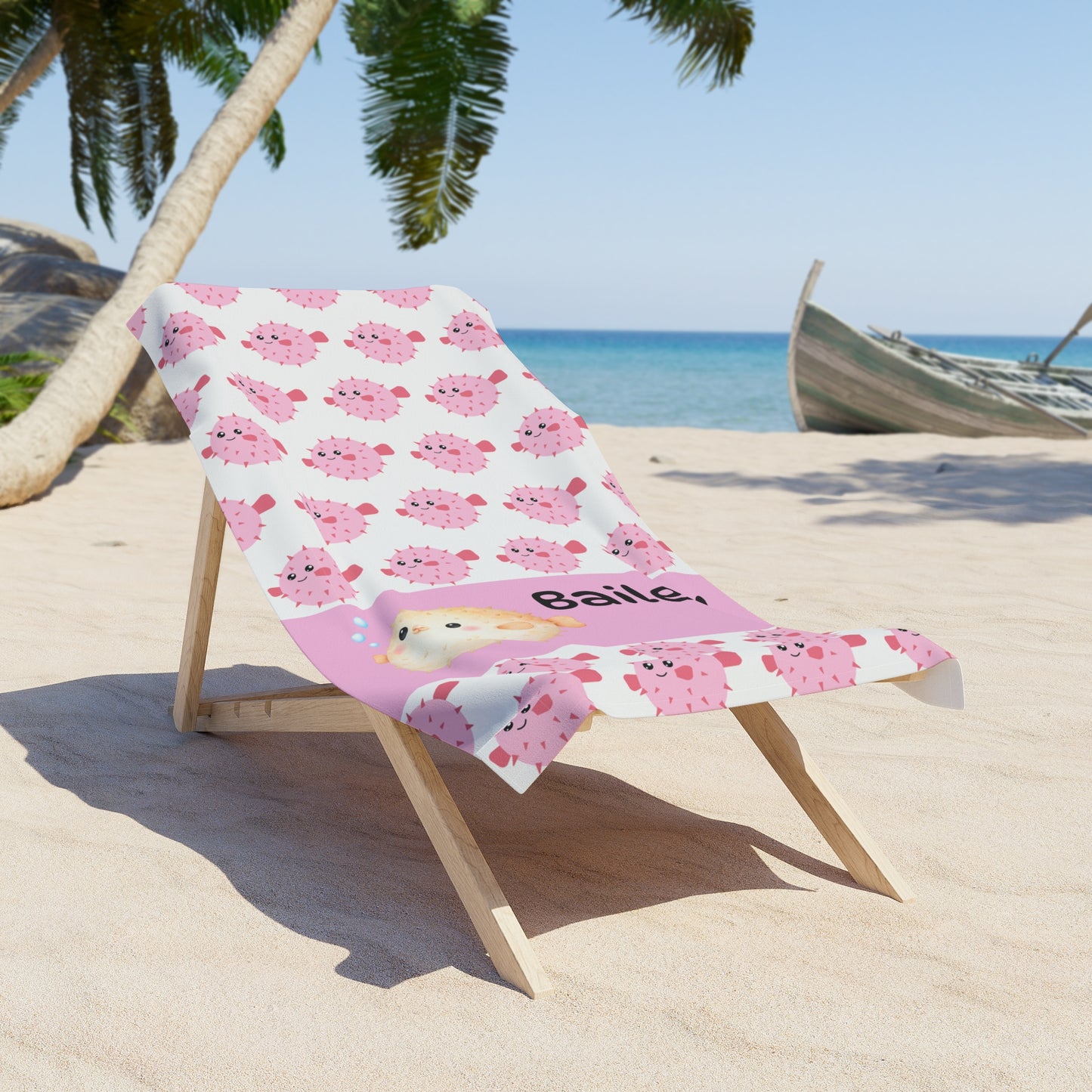 Personalized Pink Pufferfish Beach Towel — Custom Name Cute Ocean Kids Towel