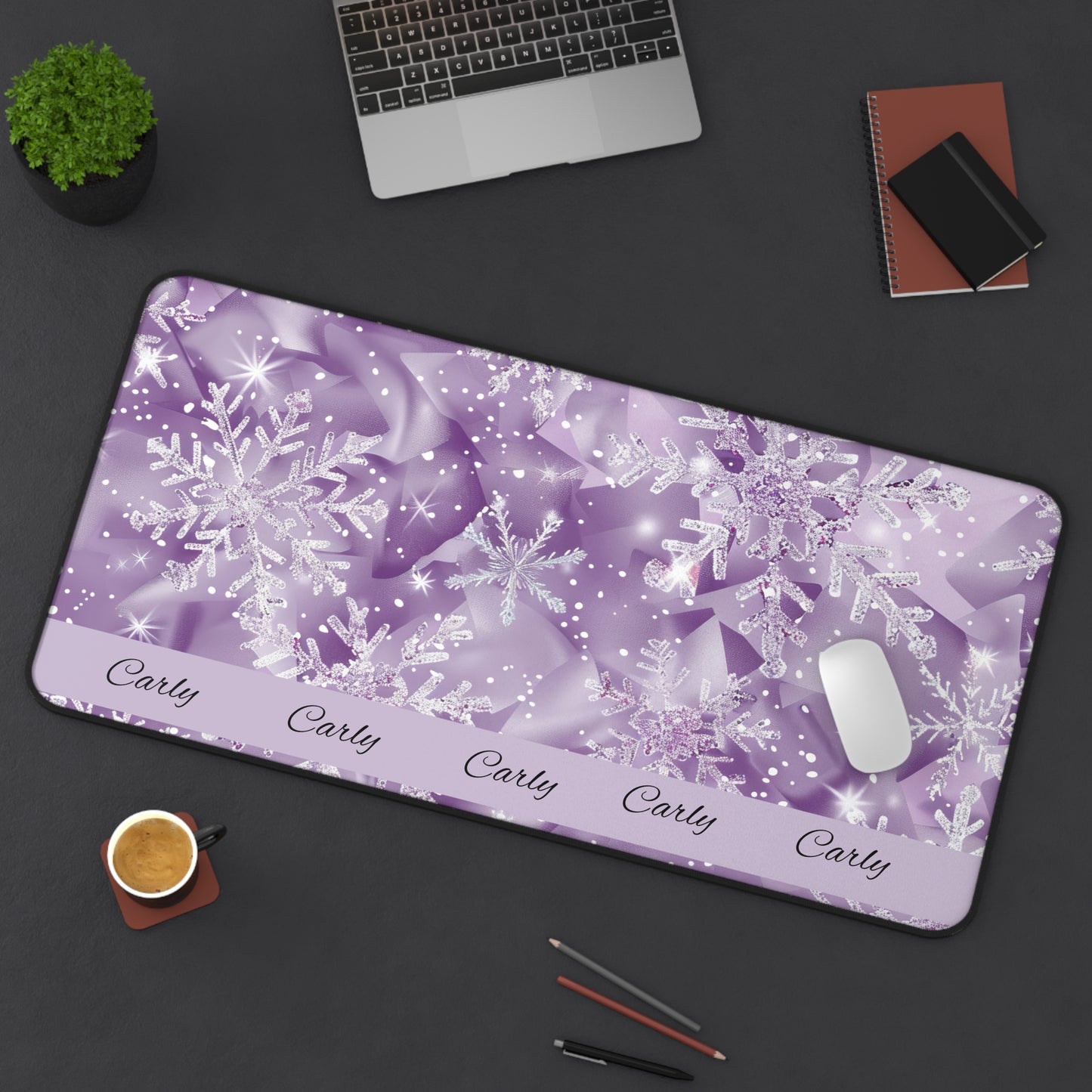 Personalized Snowflake Desk Mat, Custom Mouse Pad, Winter Office Decor, Holiday Gift, Purple Snowflakes