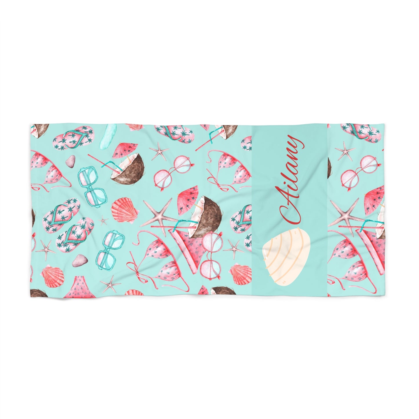 Personalized Seashell Beach Towel — Aqua Shell & Sunglasses Summer Design
