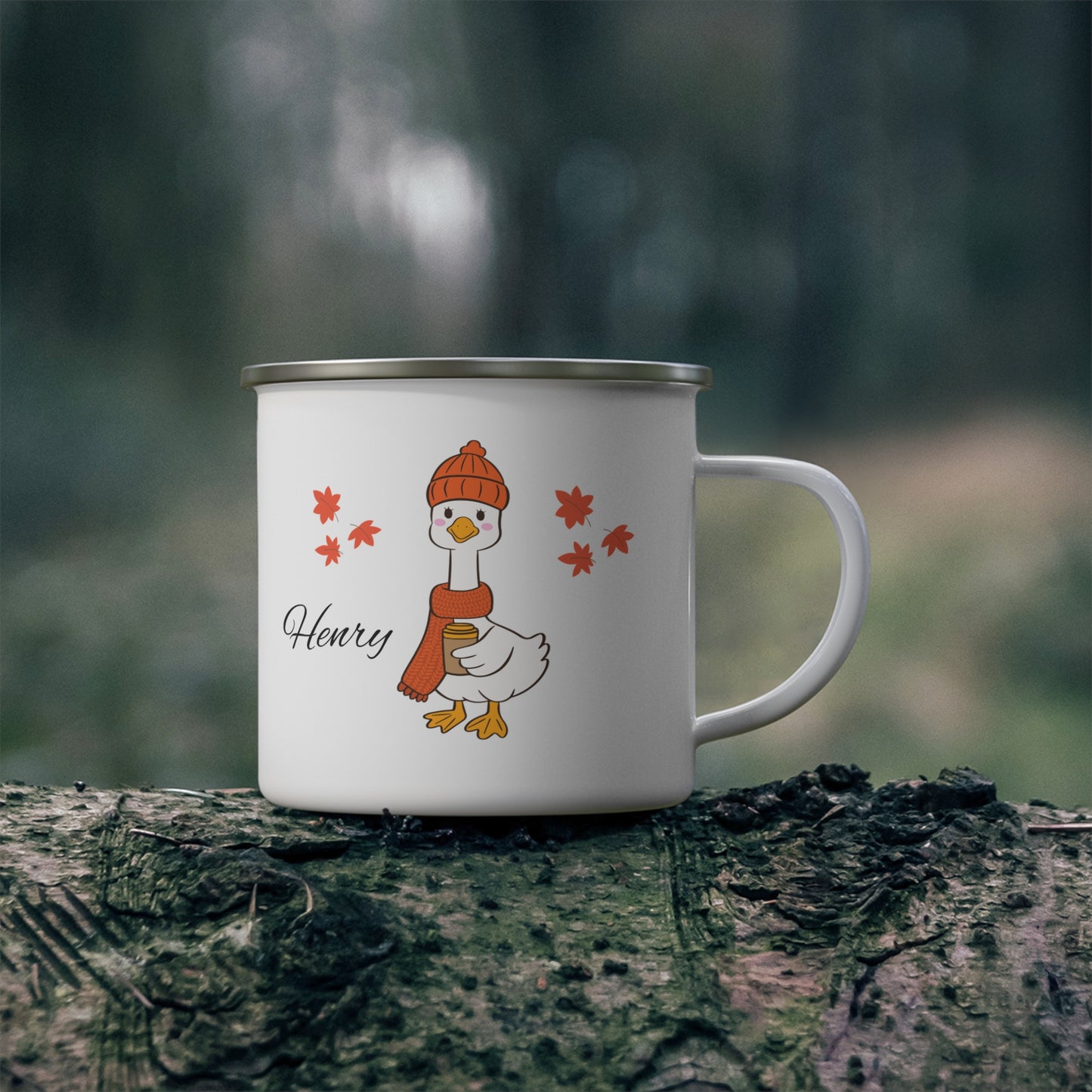 Personalized Fall Enamel Camping Mug with Cute Goose Design