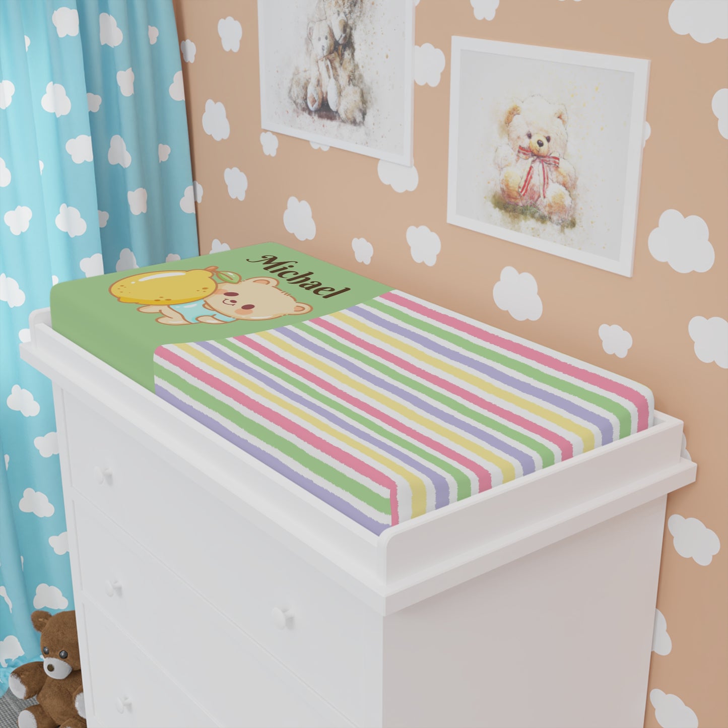 Personalized Baby Changing Pad Cover — Cute Bear & Balloon Design, Striped Nursery Bedding