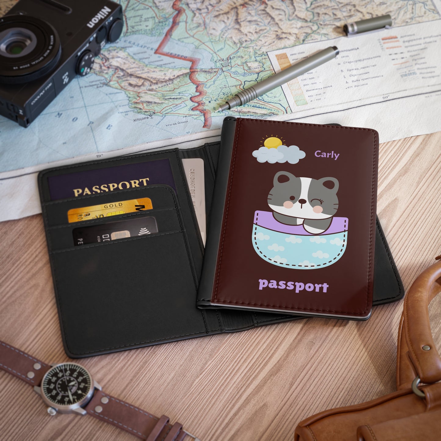 Cute Cat Passport Cover — Personalized "Carly" Travel Passport Holder