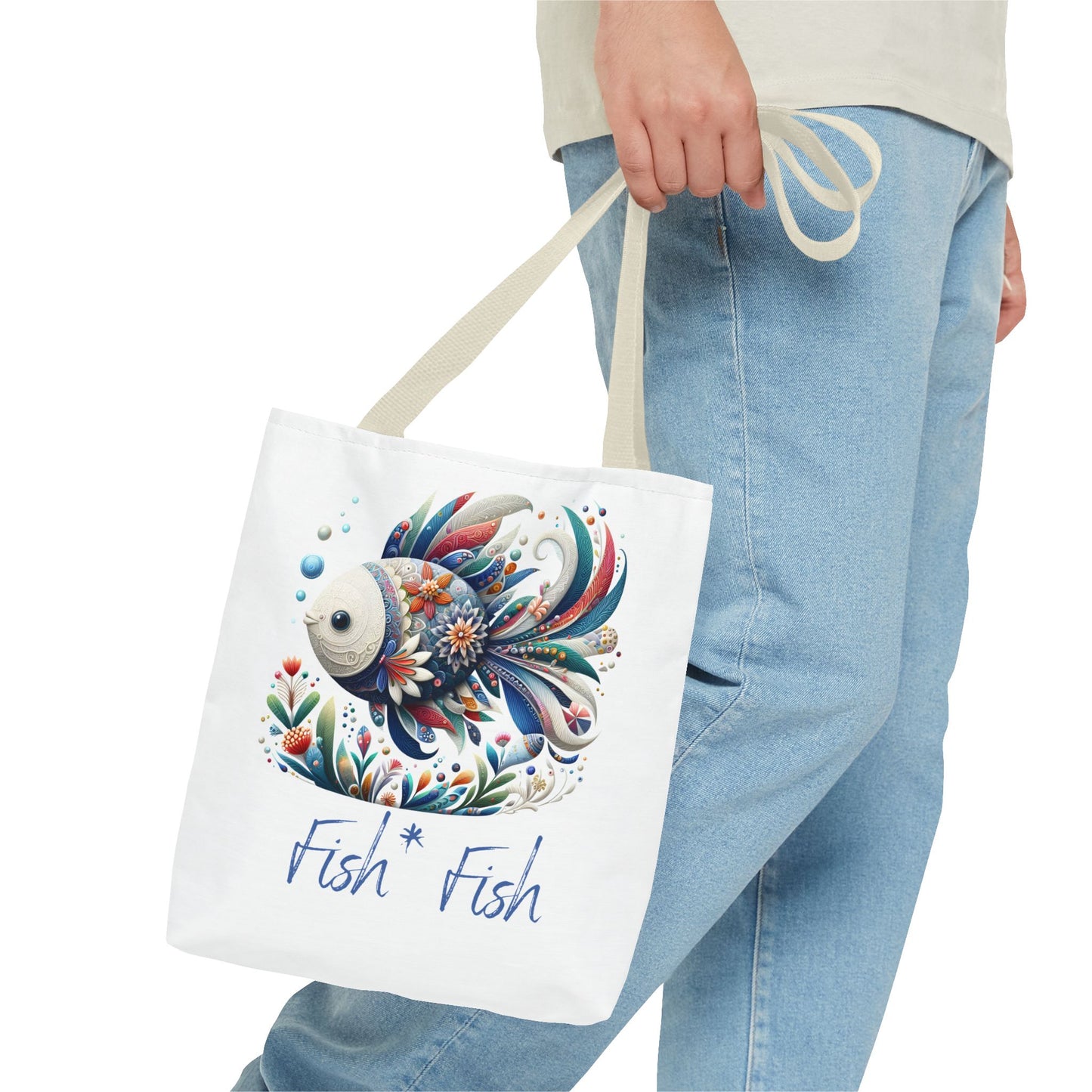 Floral Fish Tote Bag — Colorful Whimsical "Fish Fish" Canvas Tote