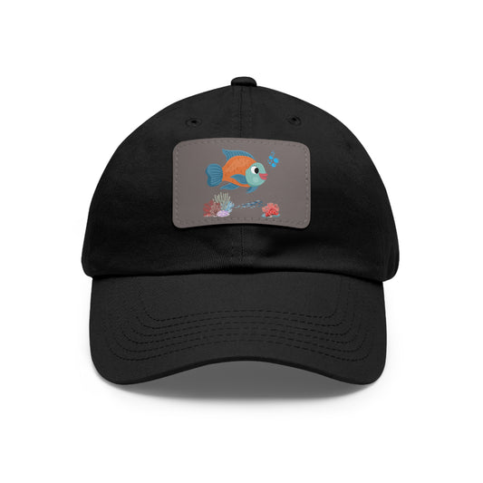 Orange and blue fish with coral and bubble Dad Hat with Leather Patch (Rectangle)