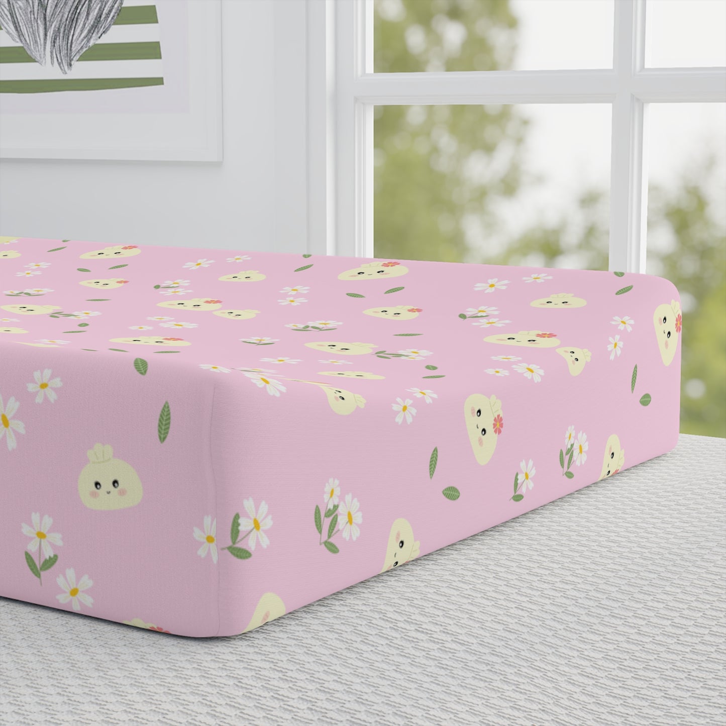 Baby Changing Pad Cover — Pink Floral Chick Print with ‘Precious’ Accent