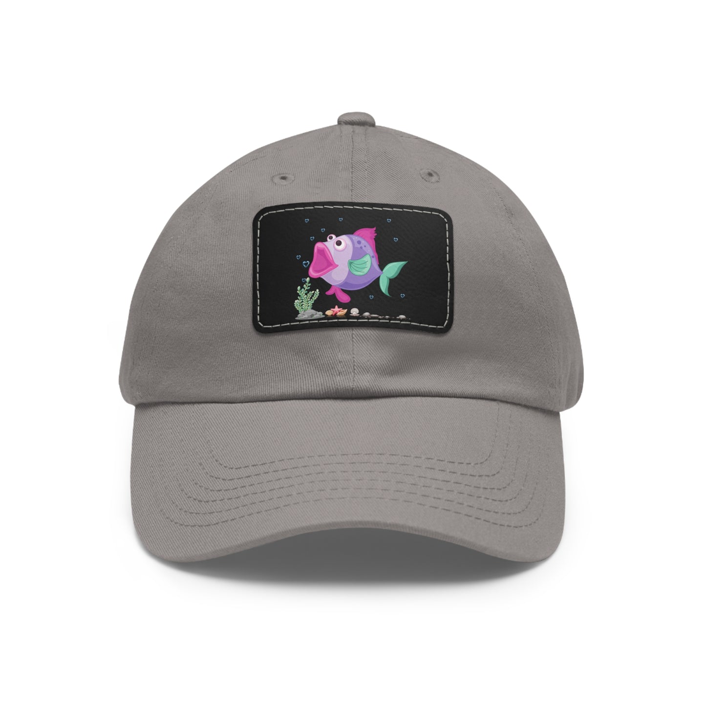 Fish with open mouth bubbles and underwater flora Dad Hat with Leather Patch (Rectangle)