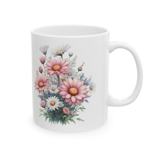 Floral Bouquet Ceramic Mug (11oz & 15oz) — Pink Daisy Coffee Cup