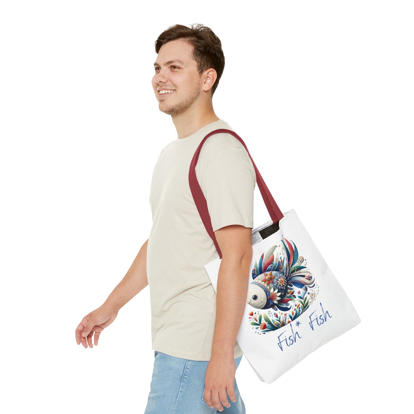 Floral Fish Tote Bag — Colorful Whimsical "Fish Fish" Canvas Tote