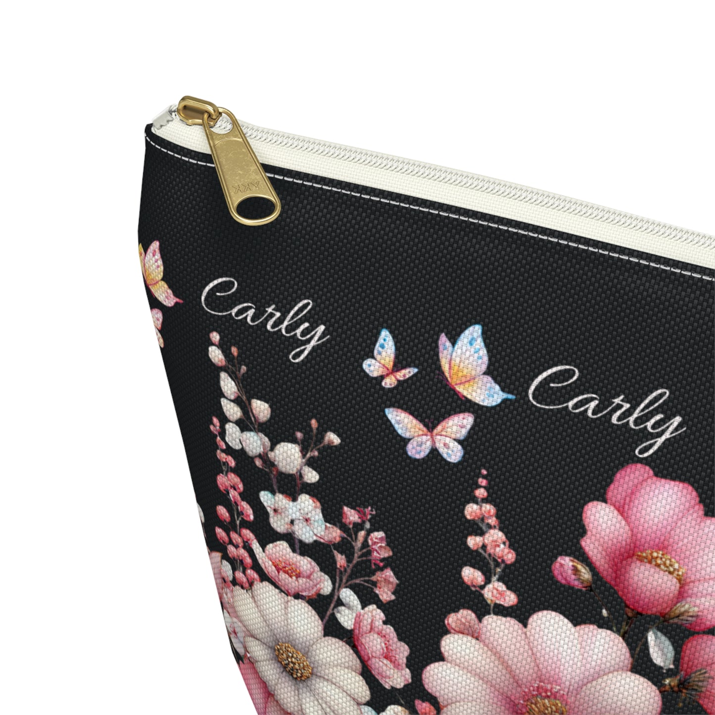 Floral Cosmetic Pouch with Pink Blooms — Personalized 'Carly' Accessory Bag
