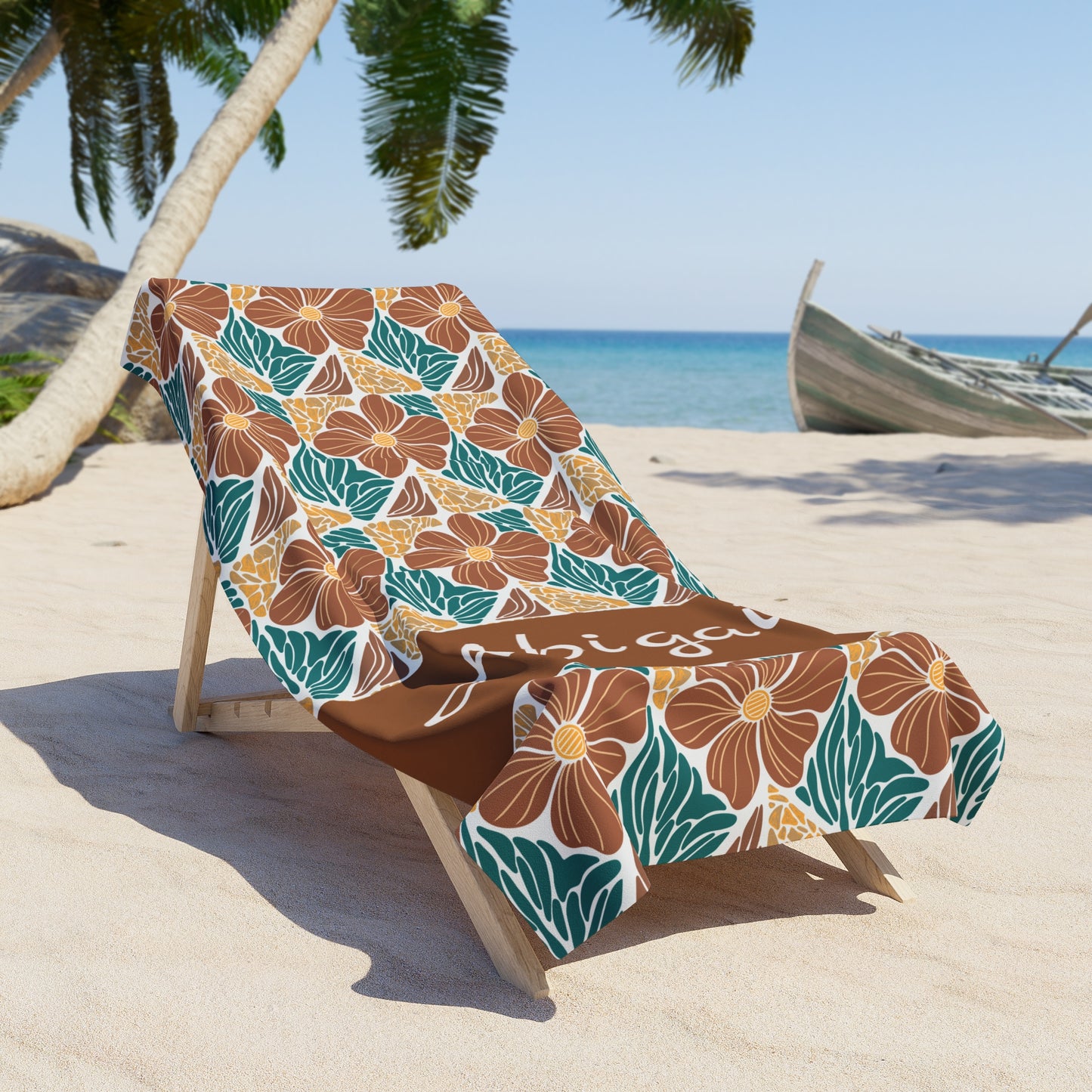 Personalized Floral Beach Towel — Custom Name Abigail, Tropical Hibiscus Pattern