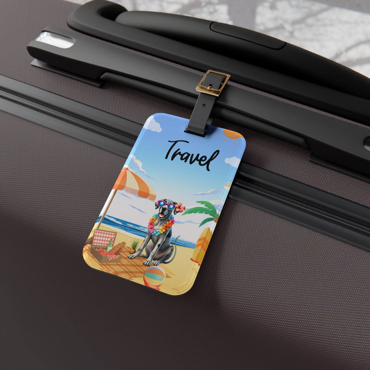 Travel Luggage Tag — Beach Dog Design with 'Travel' Text, Tropical Vacation Identifier
