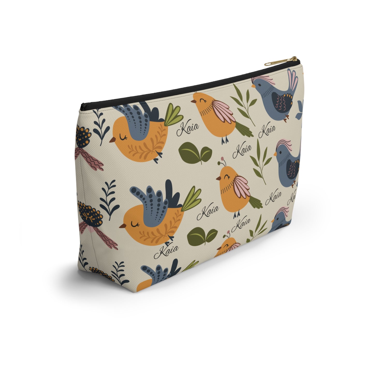 Bird Pattern Accessory Pouch — Personalized "Kaia" Cosmetic Bag
